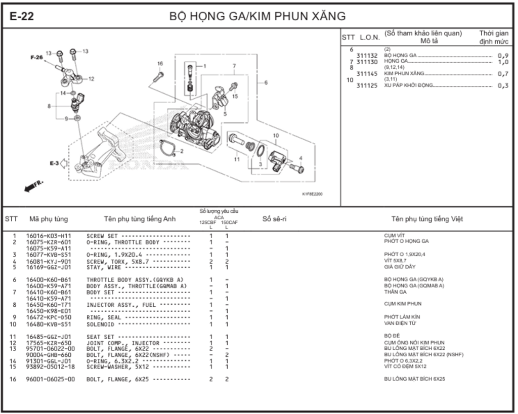 E-22 - BỘ HỌNG GA/KIM PHUN XĂNG