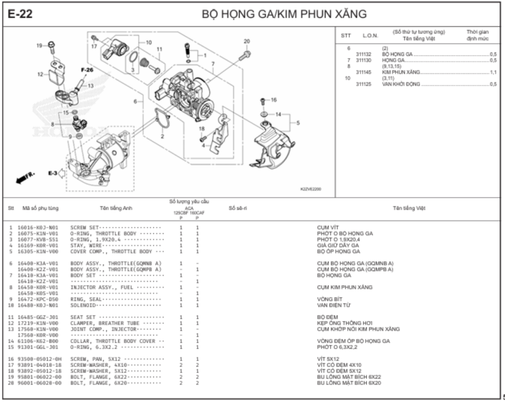 E-22 - BỘ HỌNG GA/KIM PHUN XĂNG
